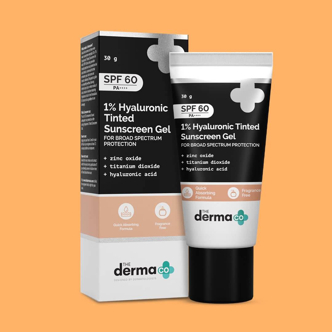 The Derma Co 1% Hyaluronic Tinted Sunscreen For All Skin Types Spf 60 Gel, Pa++++, No White Cast, Lightweight, Broad Spectrum Protection - 30G