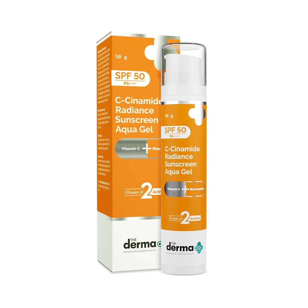 The Derma Co C-Cinamide Sunscreen For All Skin Types Spf 50 Aqua Gel, With Vitamin C & Niacinamide, Pa++++, Lightweight, No White Cast For Sun Protection & Glowing Skin - 50Gm