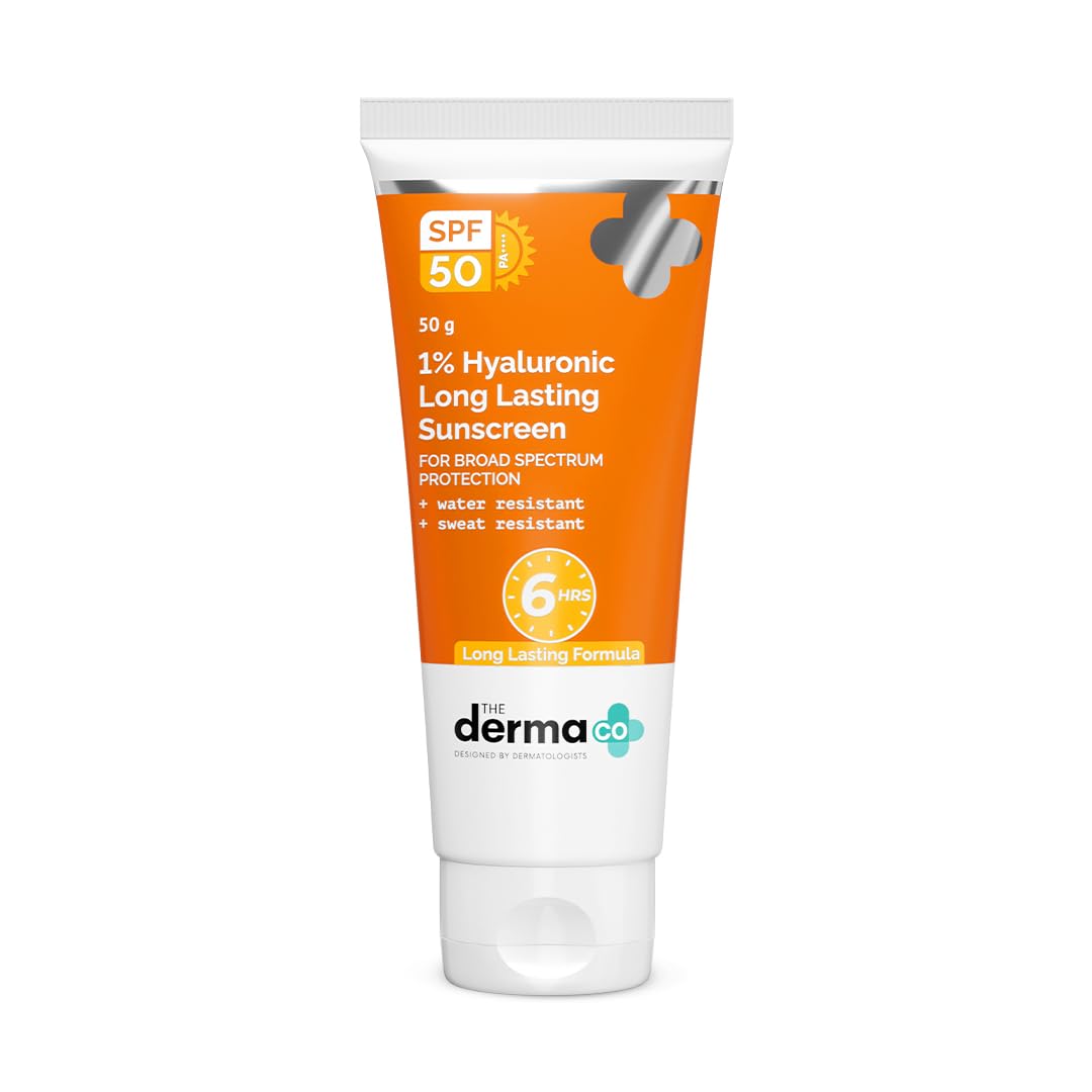 The Derma Co 1% Hyaluronic Long Lasting Sunscreen SPF 50 PA++++ with Hyaluronic Acid & Vitamin E for Broad Spectrum Protection- 50 g | 6 Hrs. Sun Protection | Water & Sweat Resistant | No Reapplication Needed