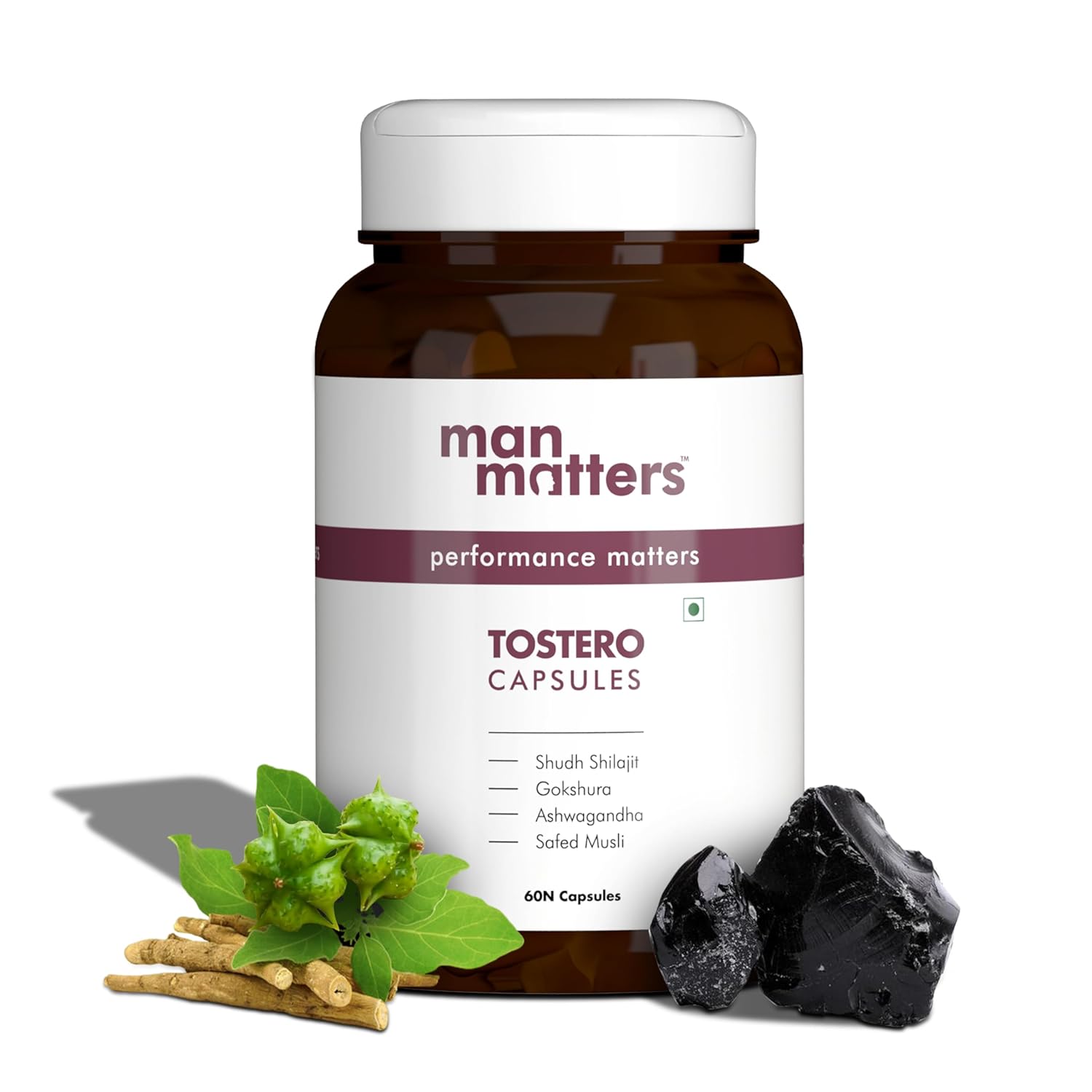 Man Matters Tostero Capsules with Shudh Shilajit, Ashwagandha, Gokshura & Safed Musli | 60 Capsules | 20 AYUSH Approved Herbs | Boosts Muscle Strength, Immunity & Stamina