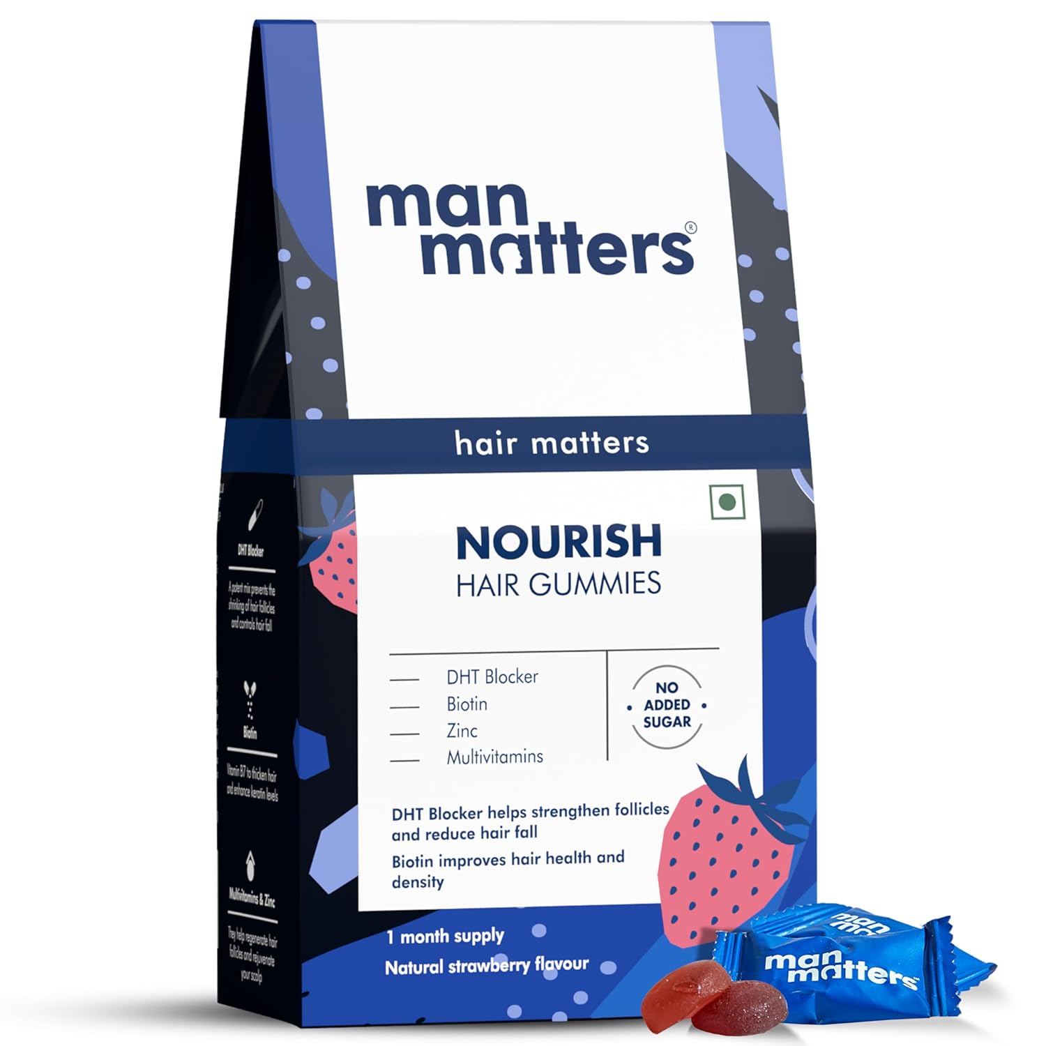 Man Matters Biotin Hair Gummies (30N) | No Added Sugar | With Biotin, DHT Blockers, Vitamin A, C, E, Zinc & Fibre | For Healthy & Strong Hair | Strawberry Flavour | 100% Vegan & Gut Friendly