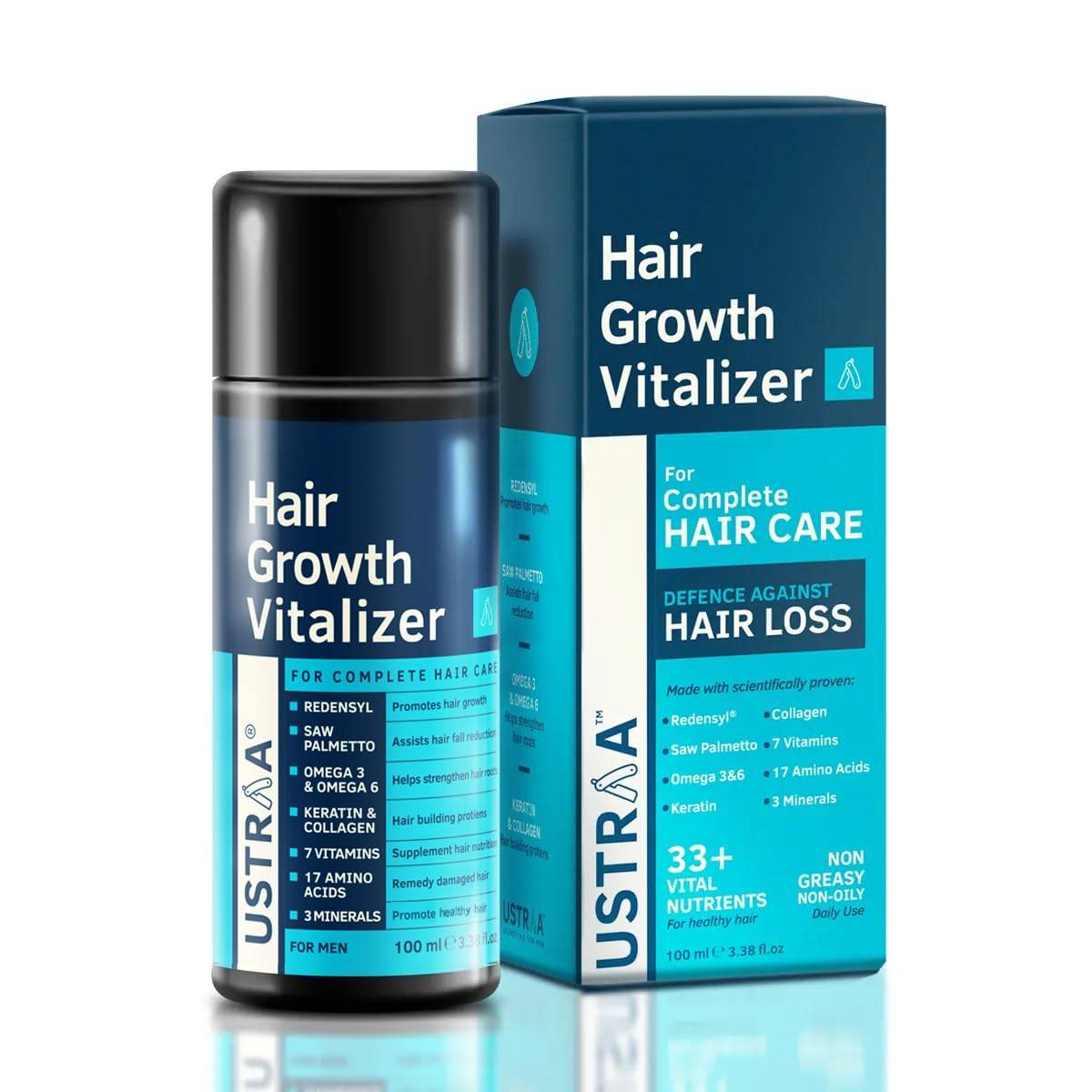 USTRAA Hair Growth Vitalizer 100ml – Clinically Tested | Hair Oil With Redensyl, Saw Palmetto, Vitamins, Amino Acids, Keratin, Wheatgerm & Jojoba Oil