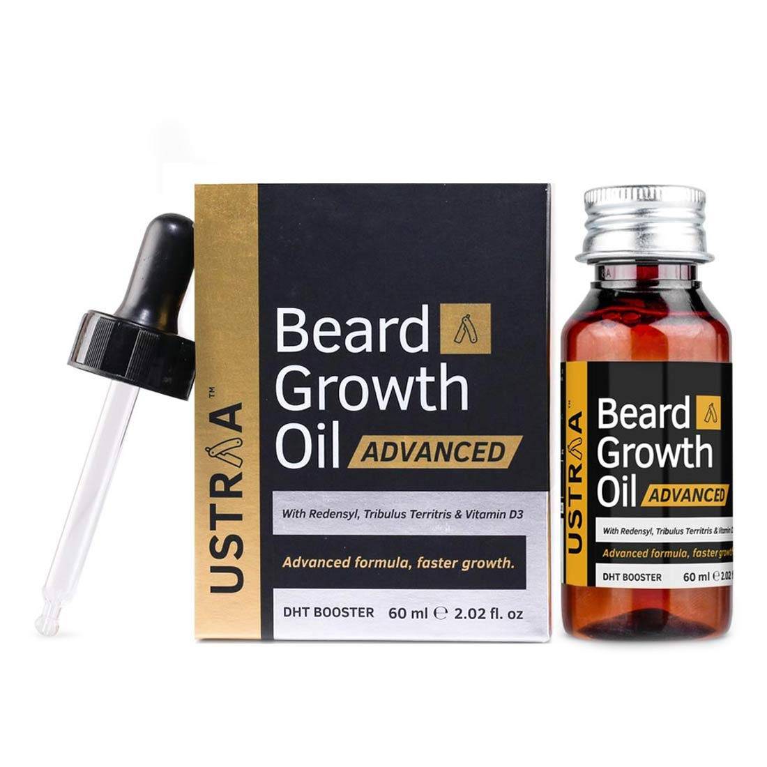 Ustraa Beard Growth Oil Advanced - 60ml - Lab Tested to increase Beard Growth rate by 40%, One of Best Beard Growth Oil for Patchy Beard issues, With Redensyl and DHT Booster, No Sulphates, No Parabens, No Silicone, No Mineral Oil.