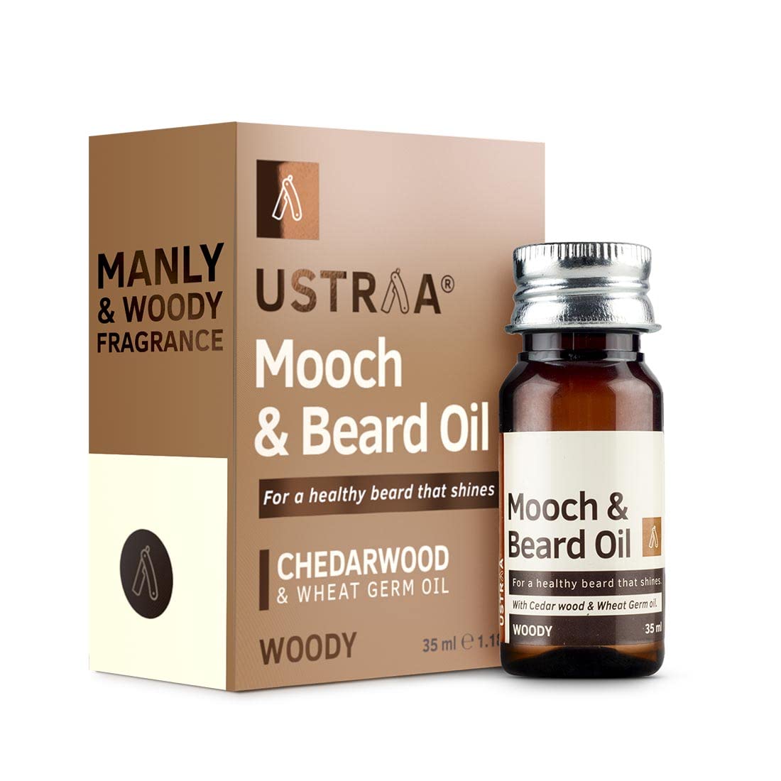 Ustraa Woody Mooch and Beard Oil - 35ml - Shine & Nourishment for beard with Cedarwood Essential Oil & Vitamin E, No Paraben