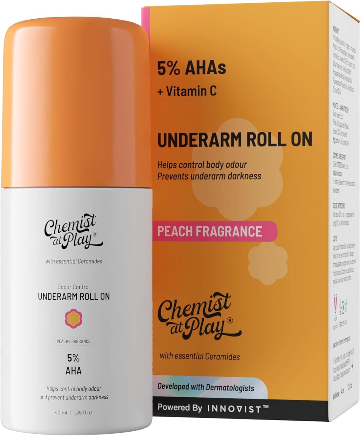 Chemist at Play UnderArm Roll-On with 5% AHA, Lactic Acid & 1% Mandelic Acid | Prevents Body Odour, Brightens Skin & Exfoliates Underarm | For Sensitive Skin | Peach Fragrance | Alcohol Free - 40ml(seal open box)