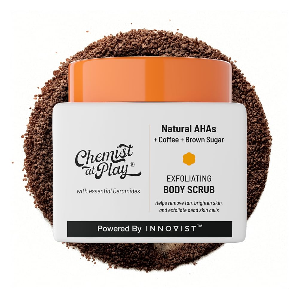 Chemist at Play Exfoliating Body Scrub For Removing Tan & Dead Skin Cells | Rough & Bumpy Skin, Tanned & Pigmented Skin | For Smooth, Soft & Bright Skin | Natural AHAs | Coffee | For Men & Women | 75g