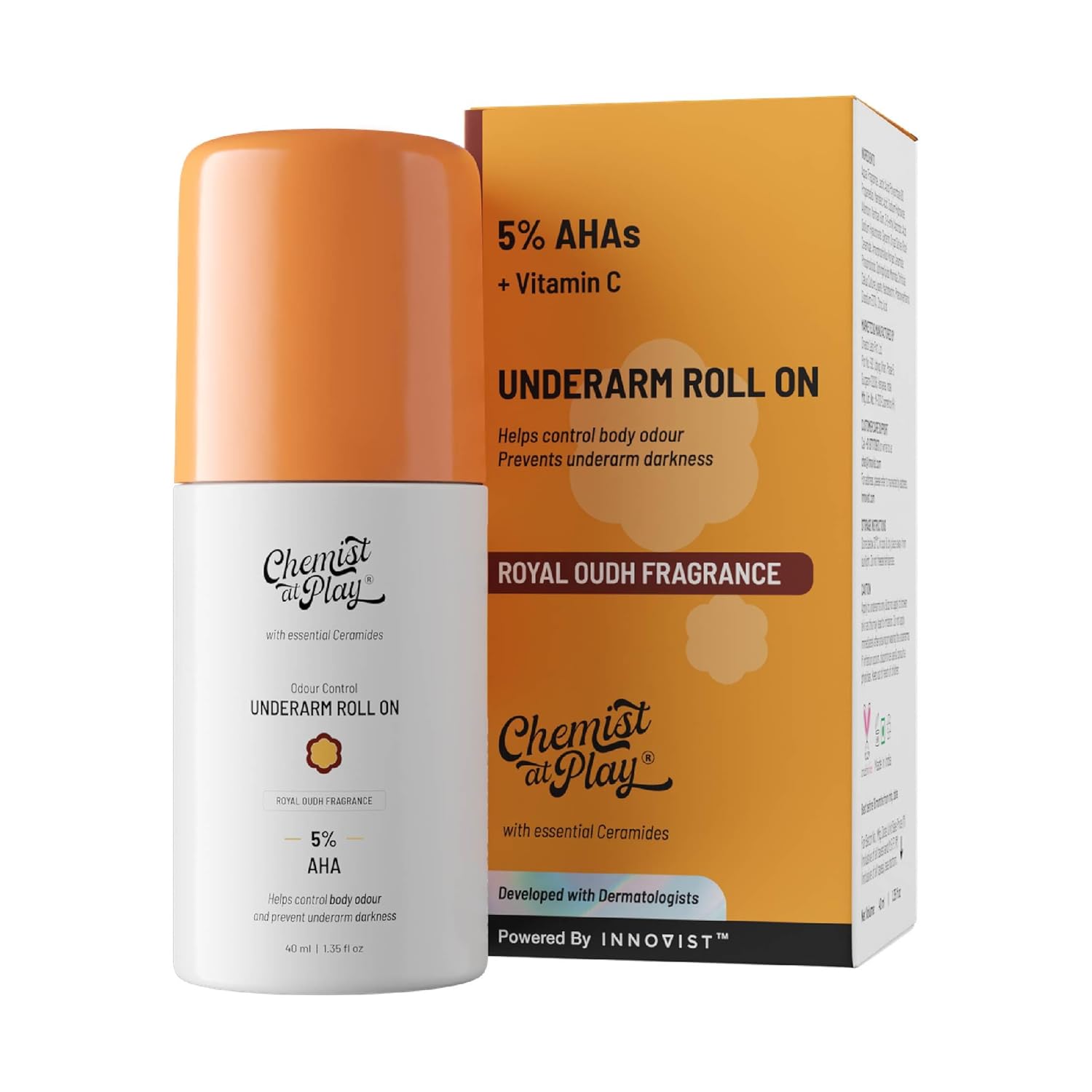 Chemist at Play UnderArm Roll-On with 5% AHA, Lactic Acid & 1% Mandelic Acid -Royal Oudh Fragrance | Alcohol Free-40ml (seal open box)