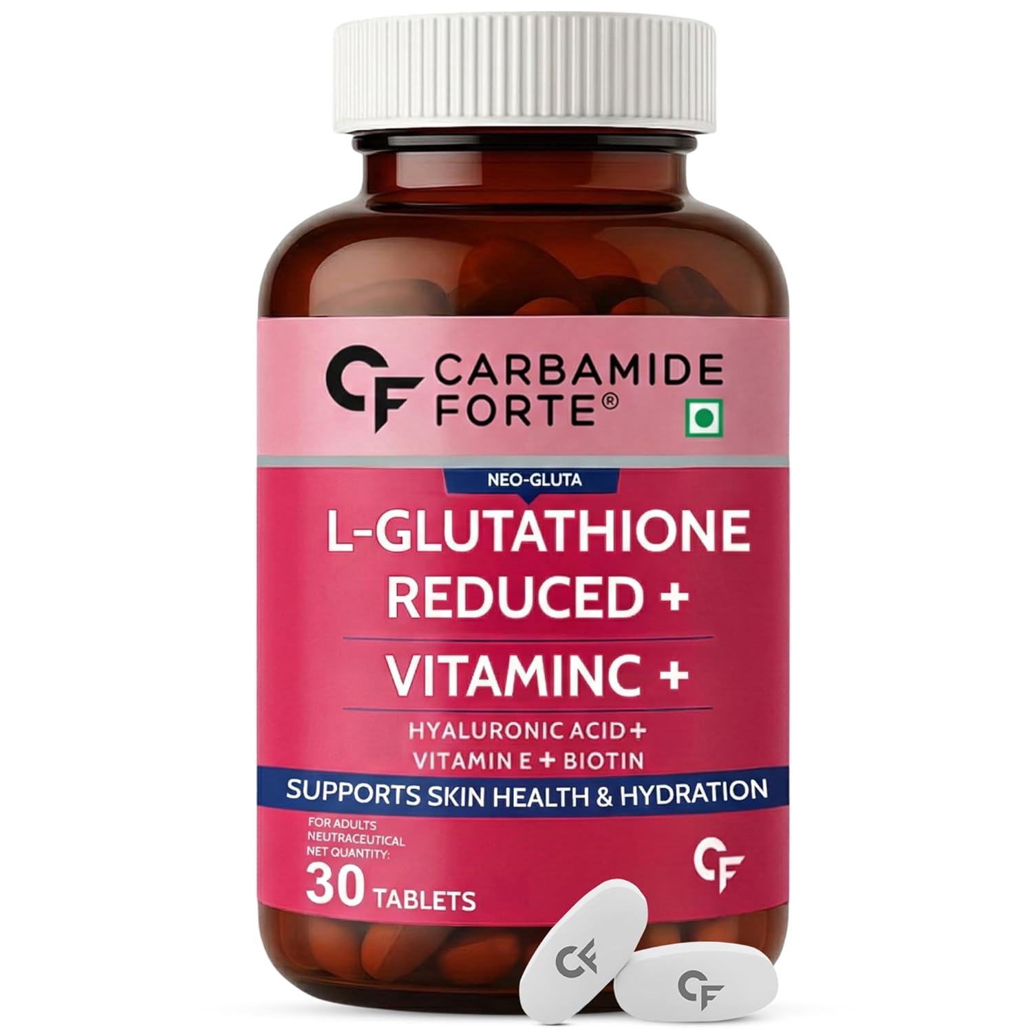 Carbamide Forte Japanese Reduced L Glutathione Tablets 500mg with Vitamin C | Glutathione Supplement with Hyaluronic Acid, Vitamin E, C, Lycopene & Biotin – 30 Veg Tablets