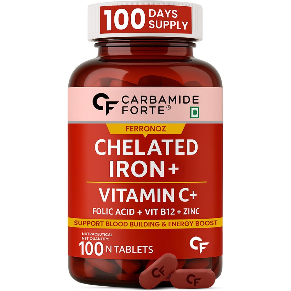 Carbamide Forte Chelated Iron Supplement for Women and Men | Folic Acid Tablets for Pregnancy | Hemoglobin Booster | 100 Veg Tablets for Hair Growth with Iron Bisglycinate -100 tablets